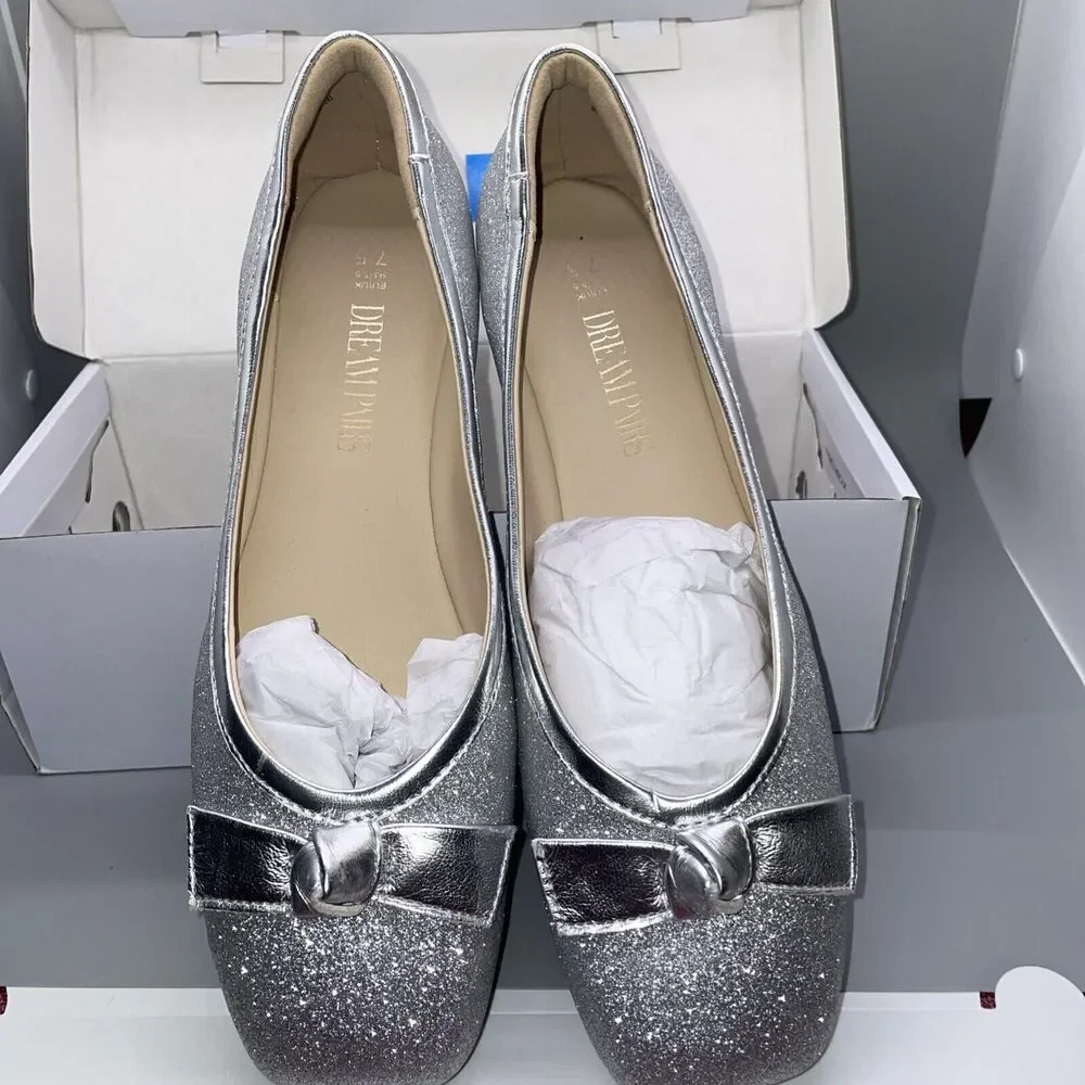 Women Low Wedge Flats Square Toe Comfortable Slip On Dress Flat Shoes Size 7.5